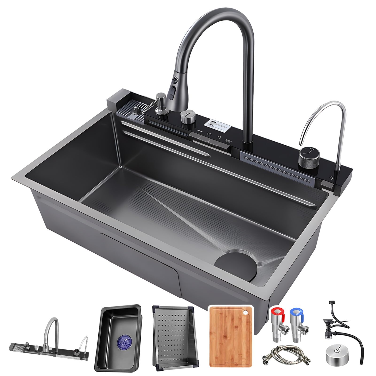 Fregadero de un solo seno para cocina de 75x46 cm con grifo multifunción negro y cascada