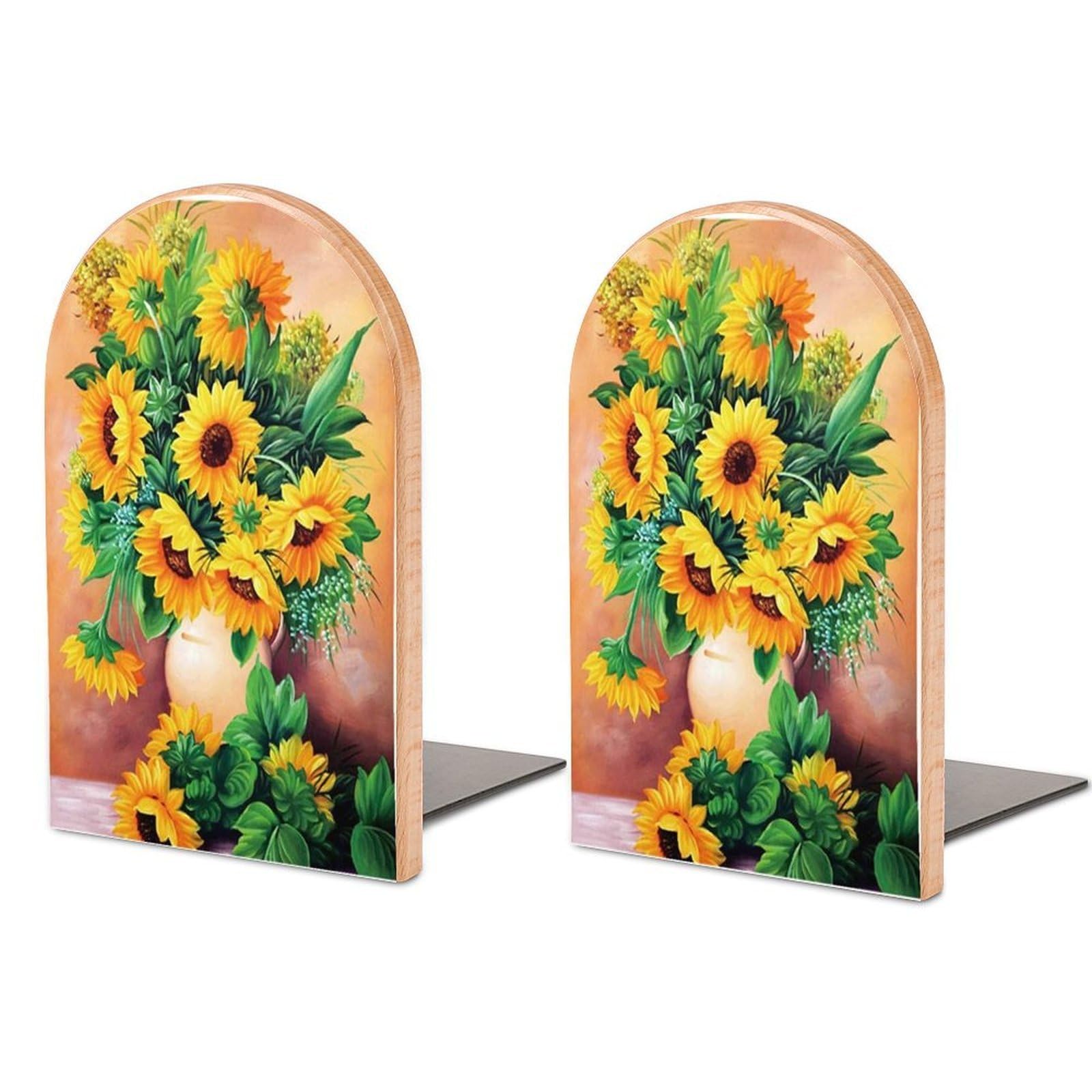 Square Drill Sunflower Full Drill Beech Wood Bookends Heavy Duty Book Organizers Desktop File Holder for Office Home Bookshelf