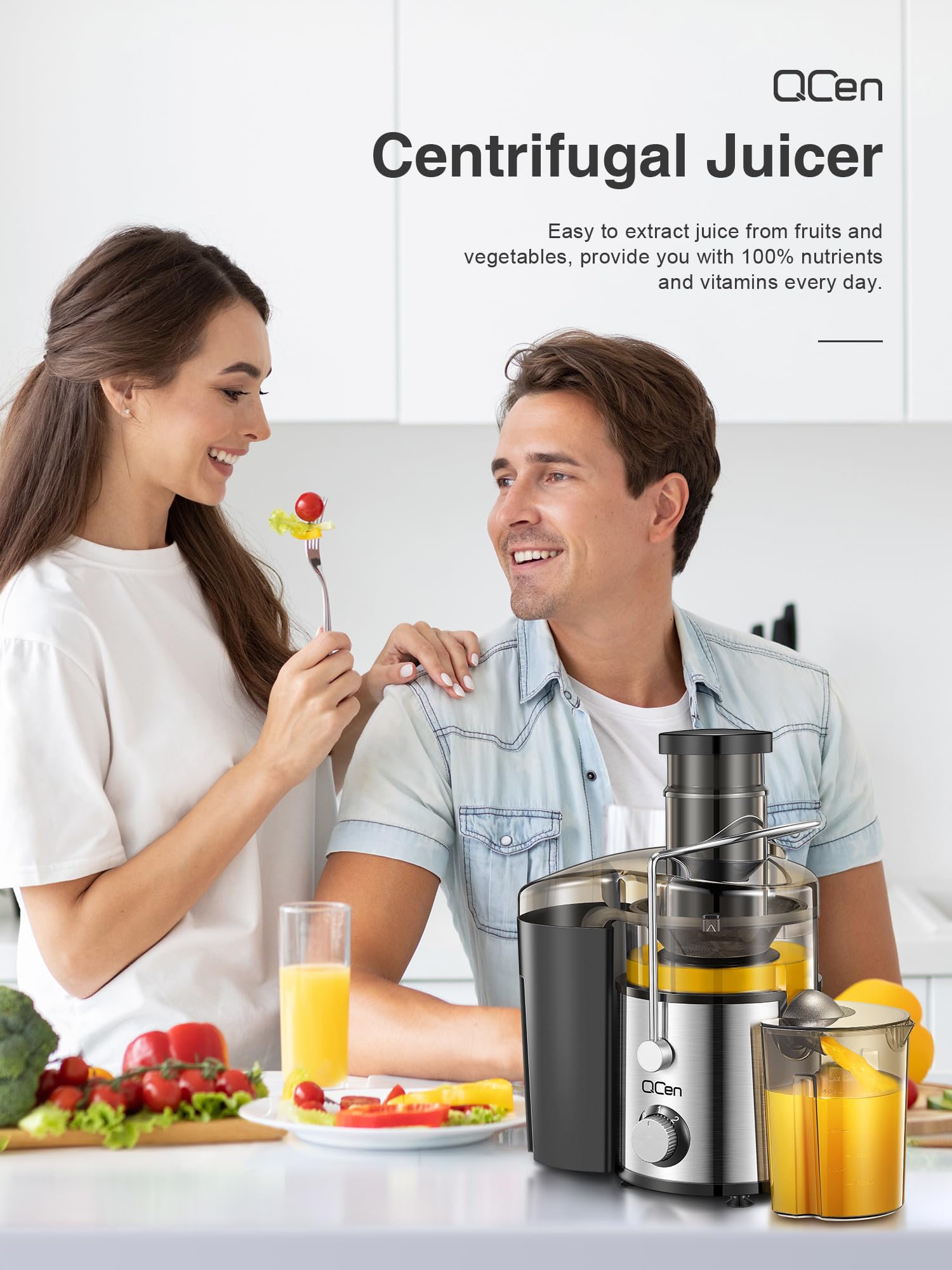 QCen Extracteur de jus centrifuge 800 W avec rampe de remplissage de 7,6 cm de large pour fruits et légumes, facile à nettoyer, acier inoxydable, sans BPA