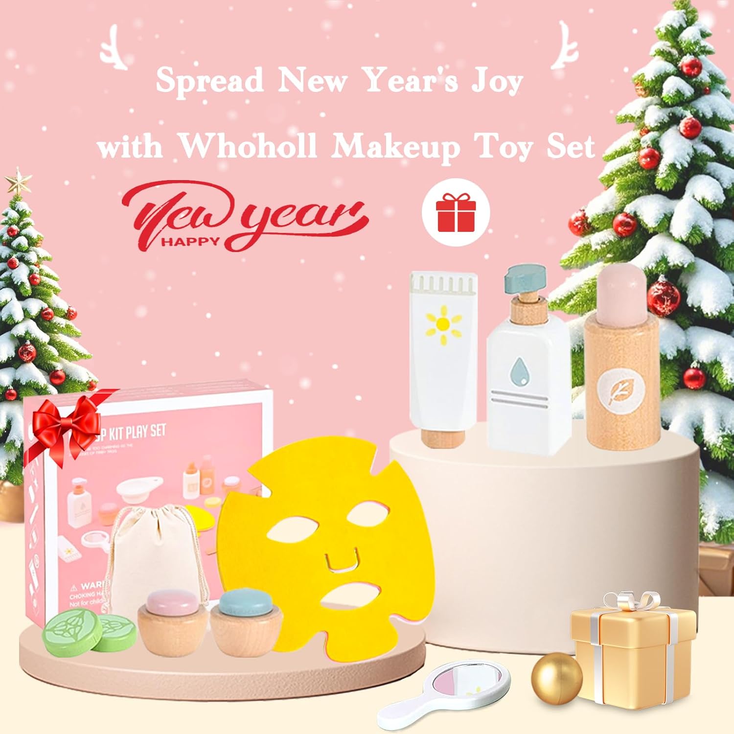 WHOHOLL Wooden Makeup Toy Set, Pretend Beauty Salon Toys Skin Care Learning Toys for Toddler, Daycare Toys Christmas Birthday Gift for 3 4 5 6 Year Old Girls - Facial Cleanser, Mirror, Face Mask