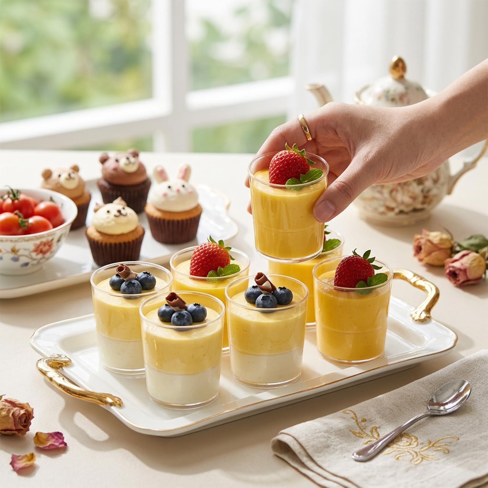 Okllen 100 Stück Mini-Dessertbecher mit Löffeln, 85 ml, runde Schnapsbecher aus Kunststoff, Dessert-Shooter, Vorspeise, Parfait Becher, Schnapsgläser für Schokolade, Puddings, Verkostungsparty
