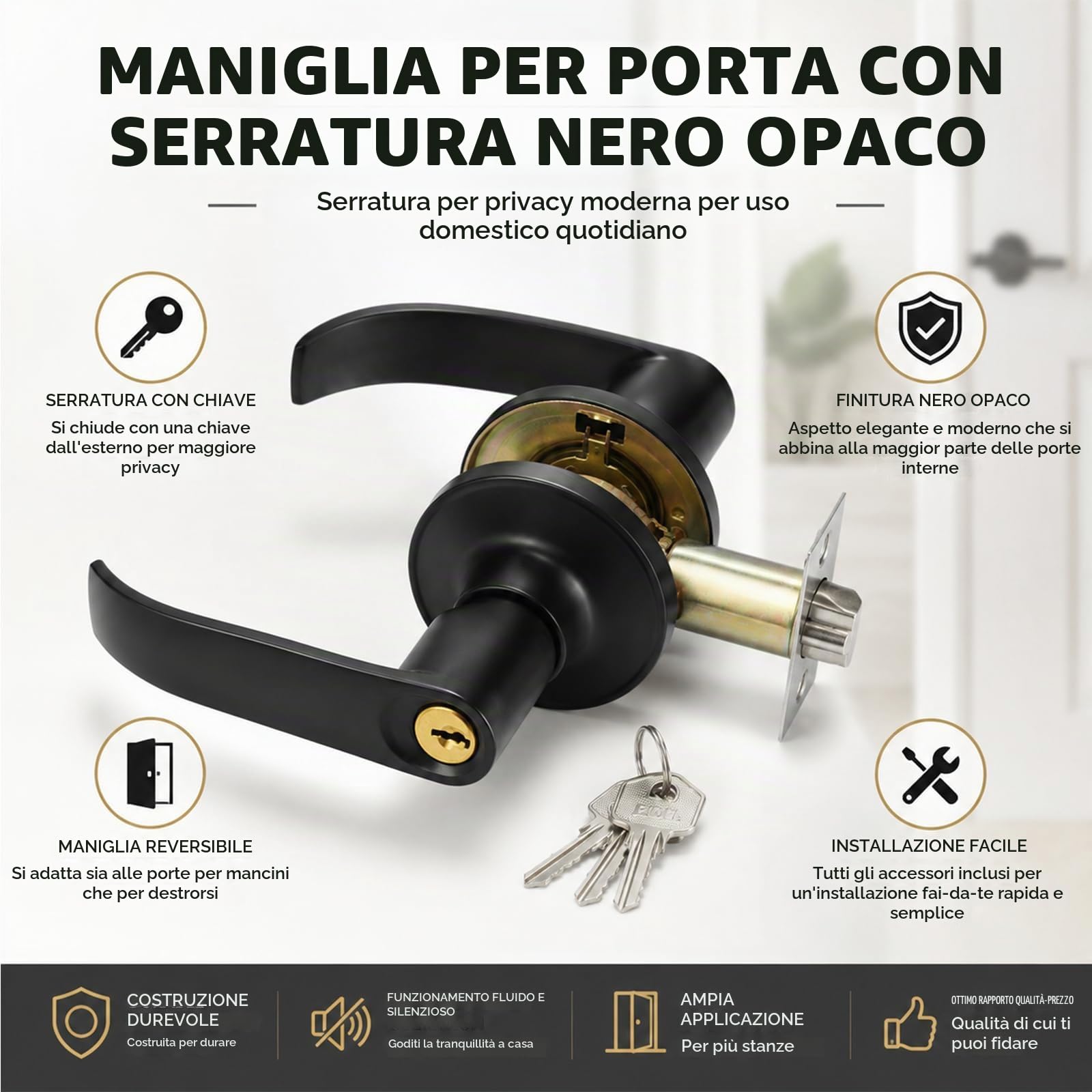 2 Pezzi Maniglia Nera Porta Alluminio Serratura a Leva per Porta Maniglia per Porta Della Camera con Serratura e Chiavi, Maniglie per Porte Interne e Esterni