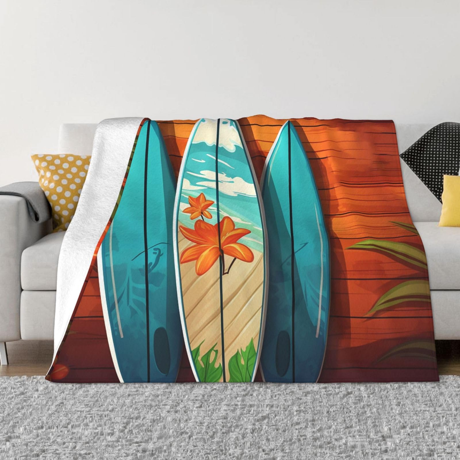 KLOPH Surfboard on Wooden Throw Blanket 80"x60" Flannel Fluffy Warm Blanket for Couch, Reversible Plush Blankets for Bed, Comfy Fuzzy Blanket for Sofa, Plush Lightweight-Blankets for All Season