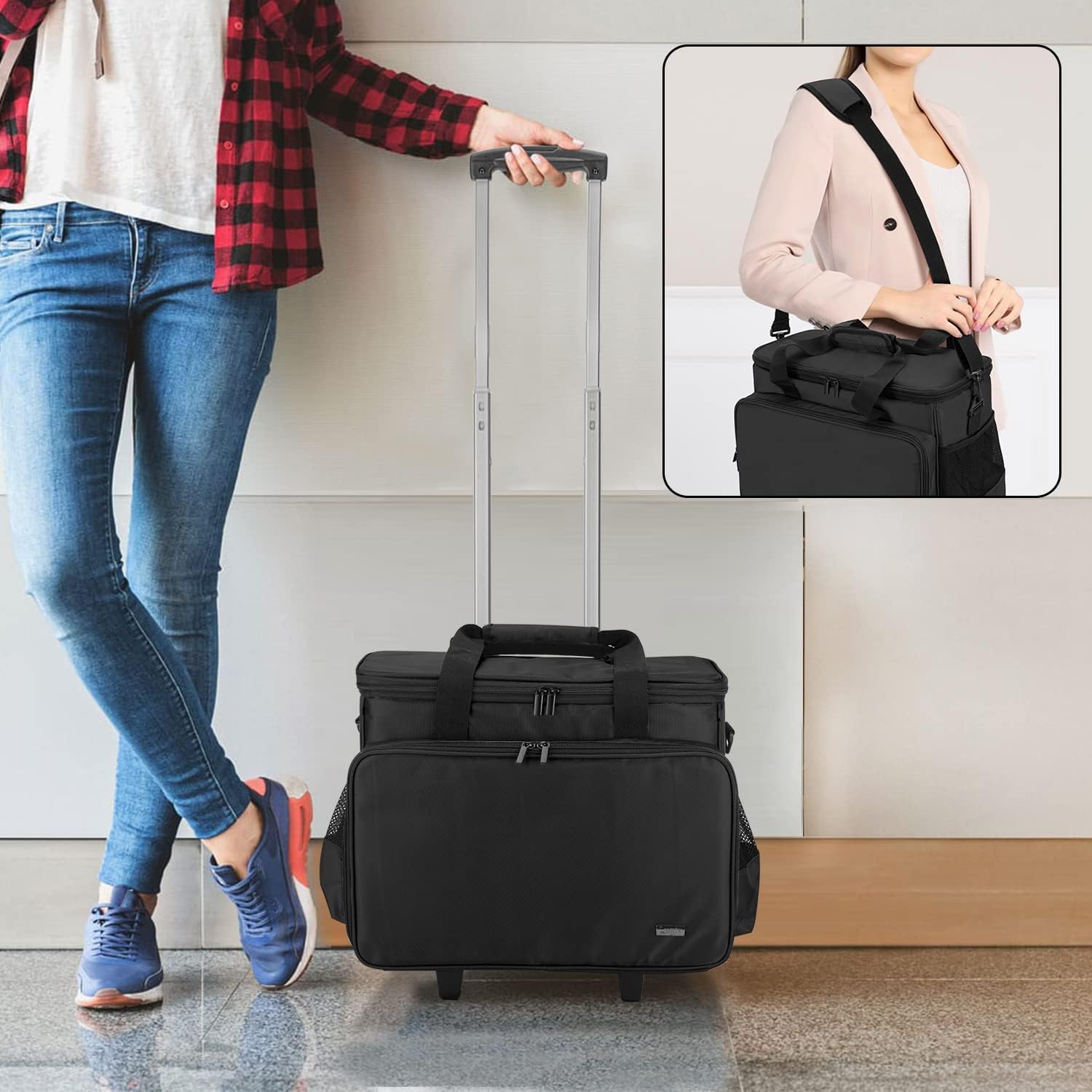 LUXJA Sewing Machine Case with Detachable Dolly and Removable Bottom Pad, Rolling Tote Fits Most Standard Machines, Black
