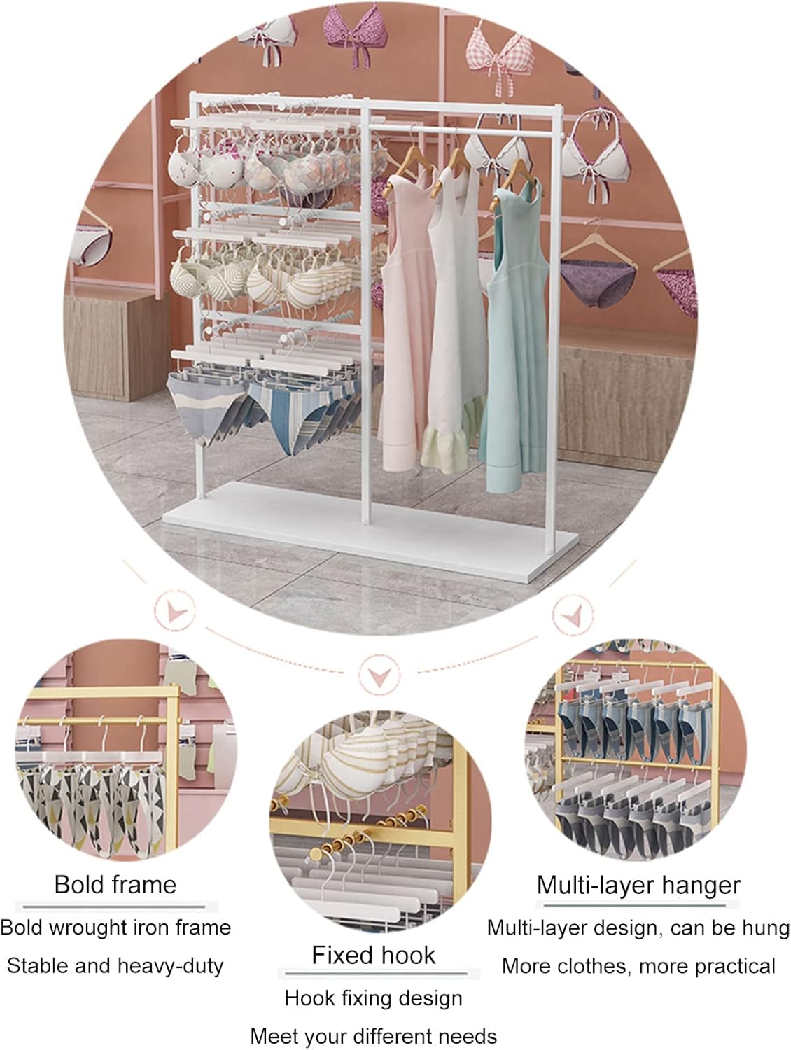 床置き衣類ラック 下着ハンガー、取り外し可能なレールロッド付き小売衣類オーガナイザー、衣料品店両面ディスプレイ衣類ラック、モダンホー