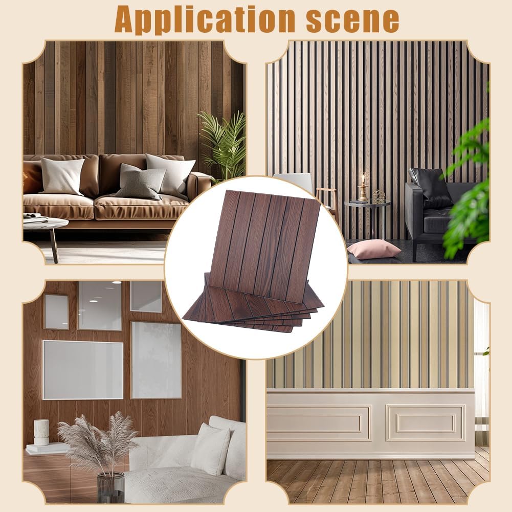 12Pcs Peel and Stick PVC Slat Wall Panels 11.81×11.81×0.08 inch Coffee Self-Adhesive PVC Wood Grain Wallpaper Panel 3D Thick Faux Soundproof Backsplash Accent Wall Tile