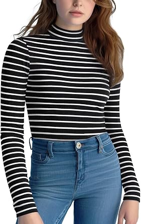Zengjo Striped Turtleneck Women Long Sleeve Shirt - Fitted Ribbed Mock Neck Basic Layering Undershirt