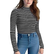 Zengjo Striped Turtleneck Women Long Sleeve Shirt - Fitted Ribbed Mock Neck Basic Layering Undershirt