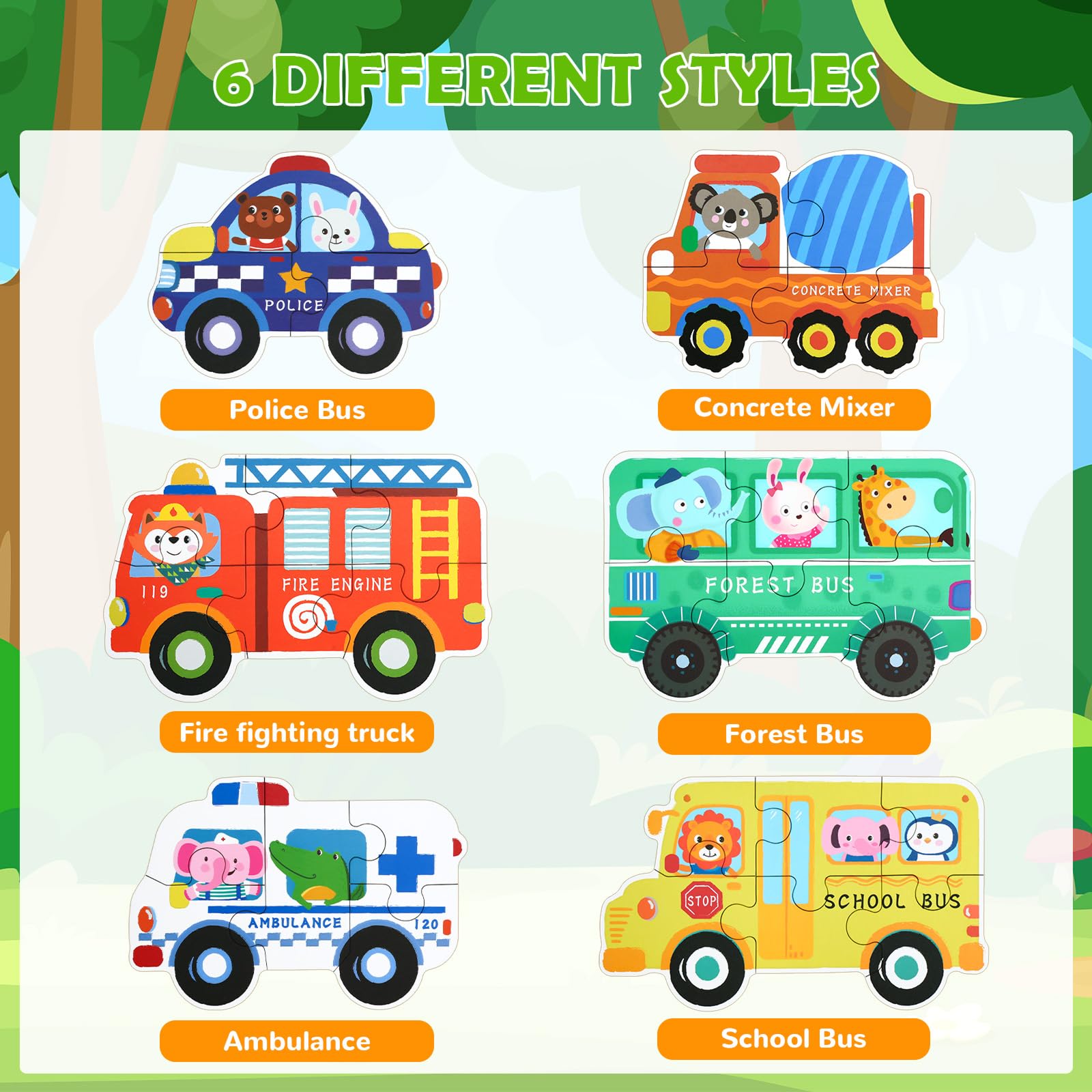 BBLIKE Puzzle 3 Años Juguetes Educativos Montessori, Puzzle Infantil 6 en 1 con Caja de Almacenamiento, Regalo para Niños 1-5 Años Conocer Animales y Automóviles, Juegos Didácticos Preescolar (Bus)