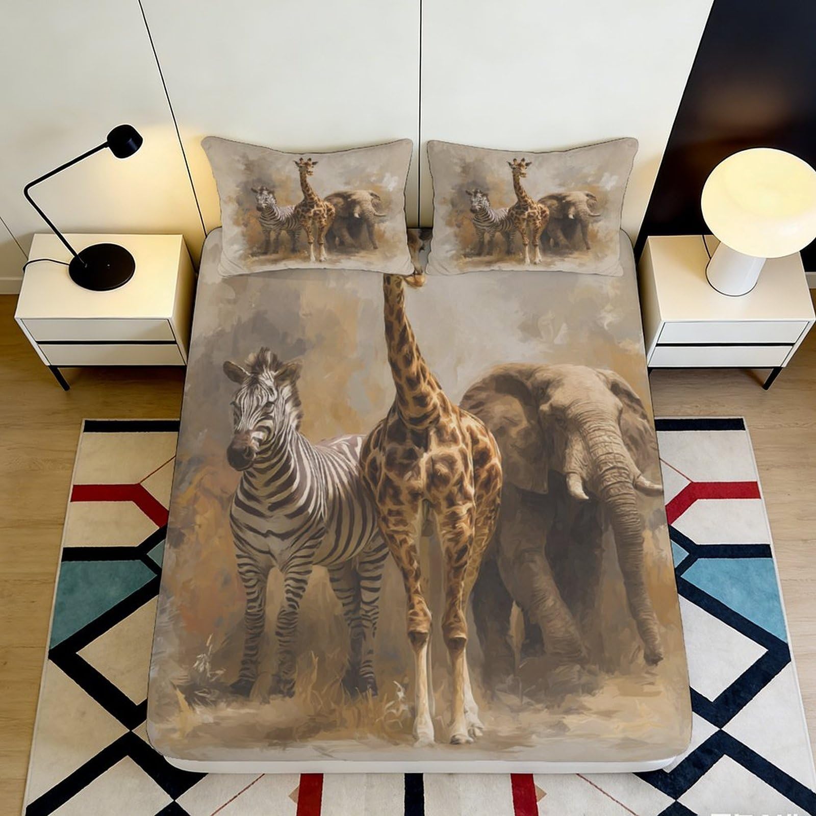 3D Printed Safari Animal Fitted Sheet Microfiber Soft Breathable Jungle Wildlife Mattress Cover Bedroom Decor 90x200x25cm
