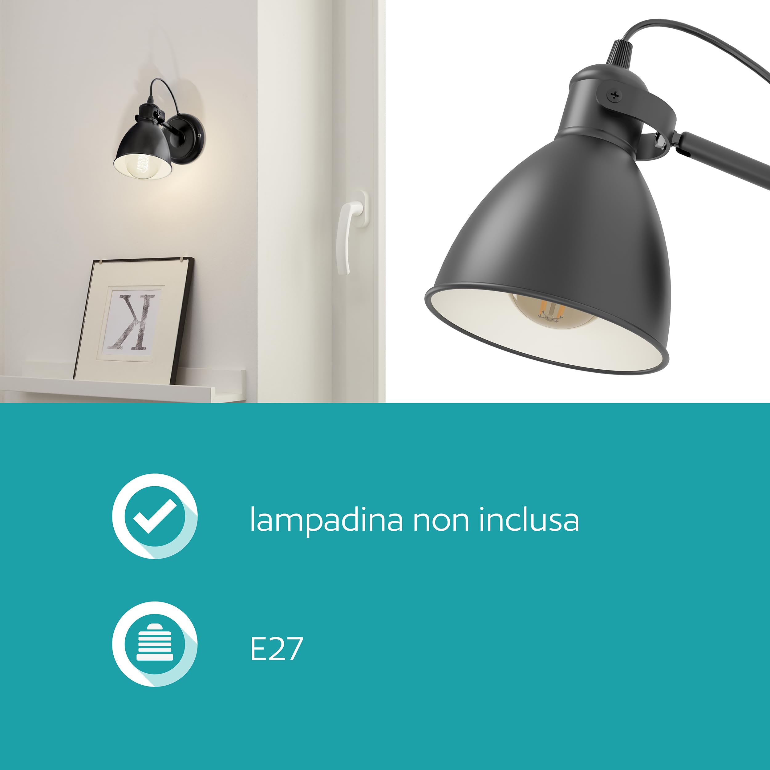 Eglo Lampada da parete Priddy, lampada da parete in design industrial vintage a uno punto luce, spot da parete retrò in acciaio, nero, bianco, E27