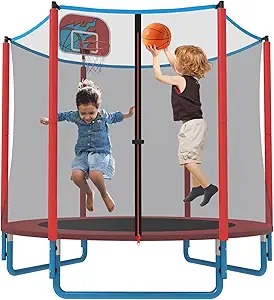 66'' Mini Trampoline for Kids with Enclosure & Basketball Hoop, 5.5FT No-Gap Toddler Trampoline for Indoor & Outdoor Use, 600LBS Capacity, Ideal Gift for Boys & Girls