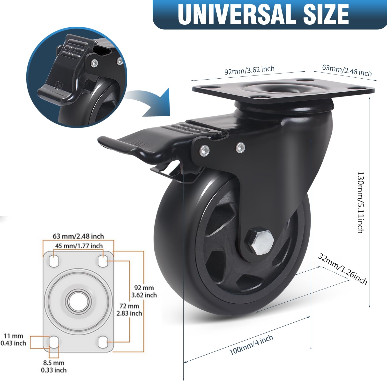 100mm Lenkrollen mit Bremse, 4er-Set Schwerlastrollen Möbelrollen Tragkraft 600KG, 360-Grad Transportrollen Polyurethan Rollen für Möbel, Trolley, Tisch (mit Schrauben)