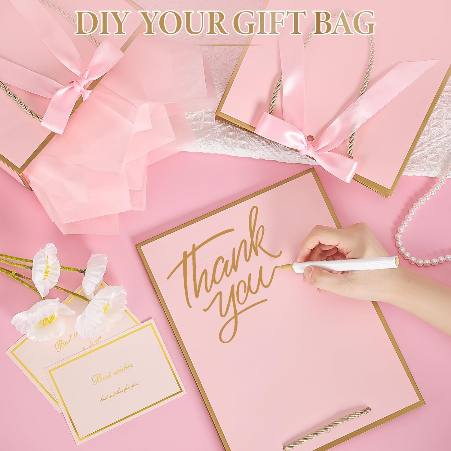 YoungTree Valentines Gift Bag, 2PCS Valentines Bags with Ribbon and 2 Greeting Cards 4 Tissue Papers, Portable Paper Birthday Gift Bags with Handles, Present Bags for Valentines Day Wedding(Pink-Gold) - Image 2