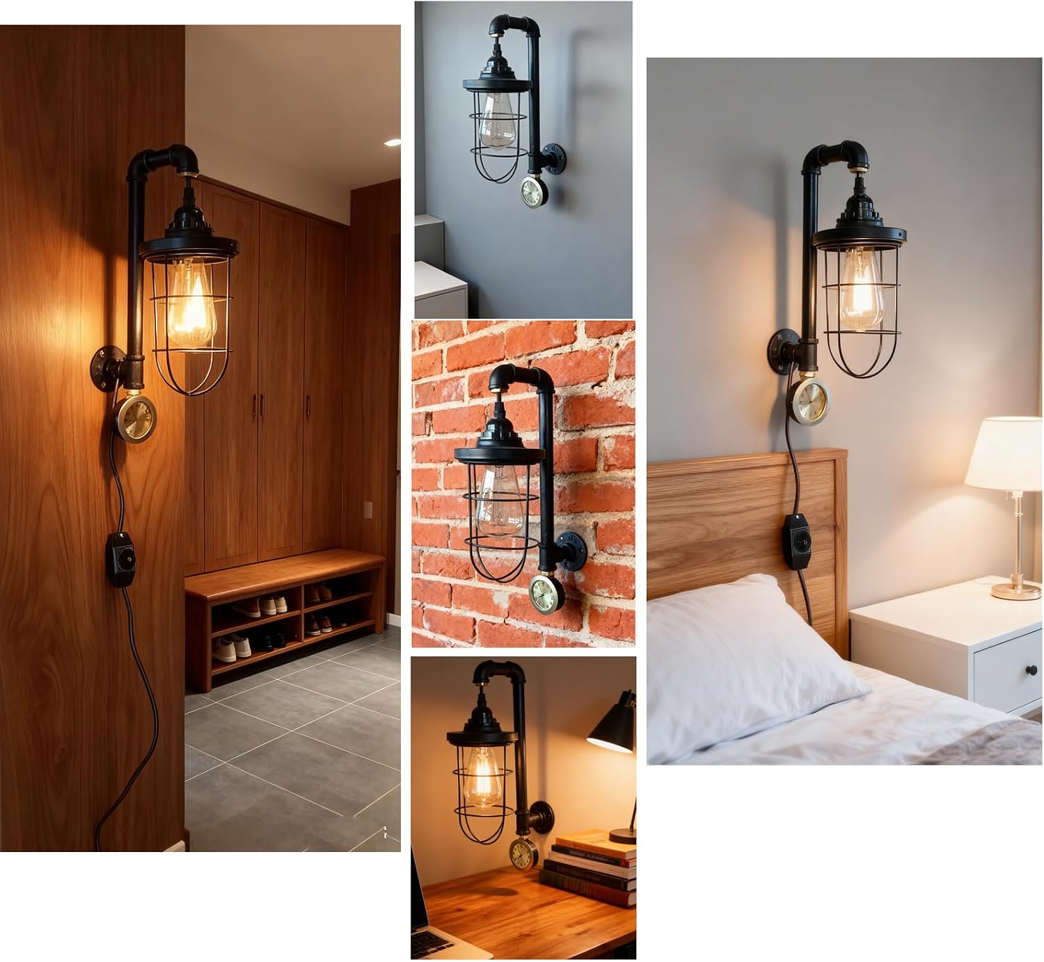 Steampunk Industrial Pipe Wall Sconce, Dimmable Plug in Wall Light, Black Metal Cage Vintage Sconce with Clock, Edison Lamp for Bedroom Bar Cafe