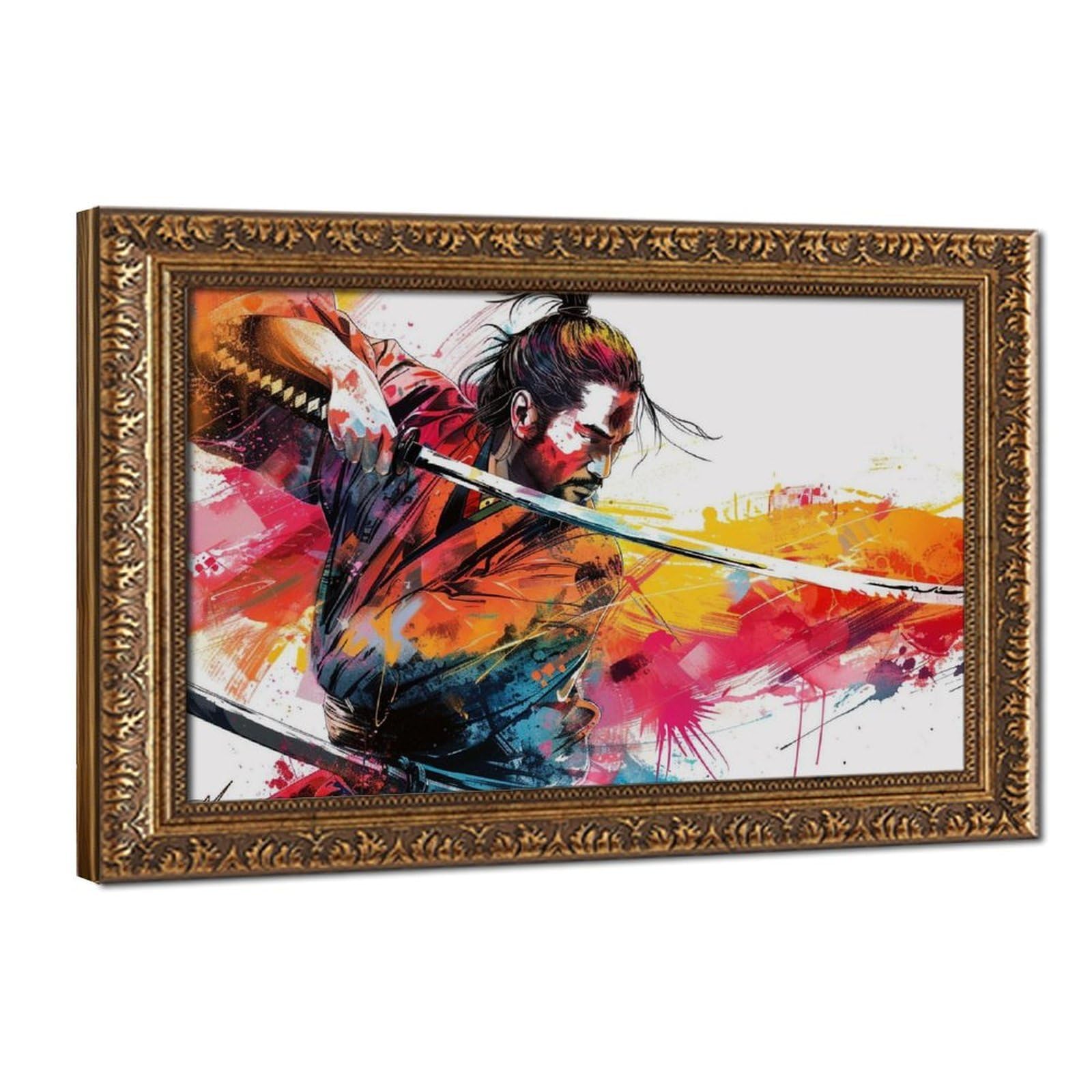 Pyberon Retro Gold Frame-Style Colorful Samurai Canvas Poster For Bedroom Decor Gift