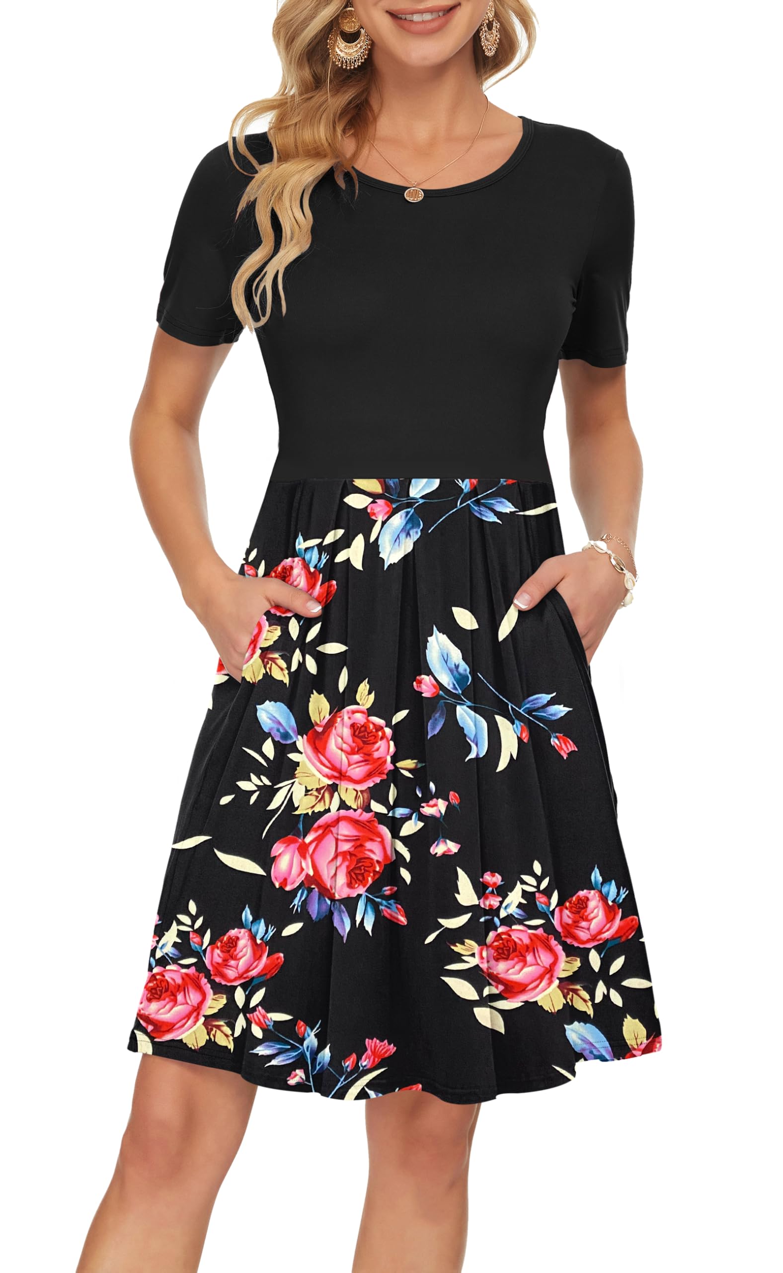 AUSELILY Women's Short Sleeve Summer Dress Pleated Loose Swing Knee Length Dresses with Pockets 2026 New