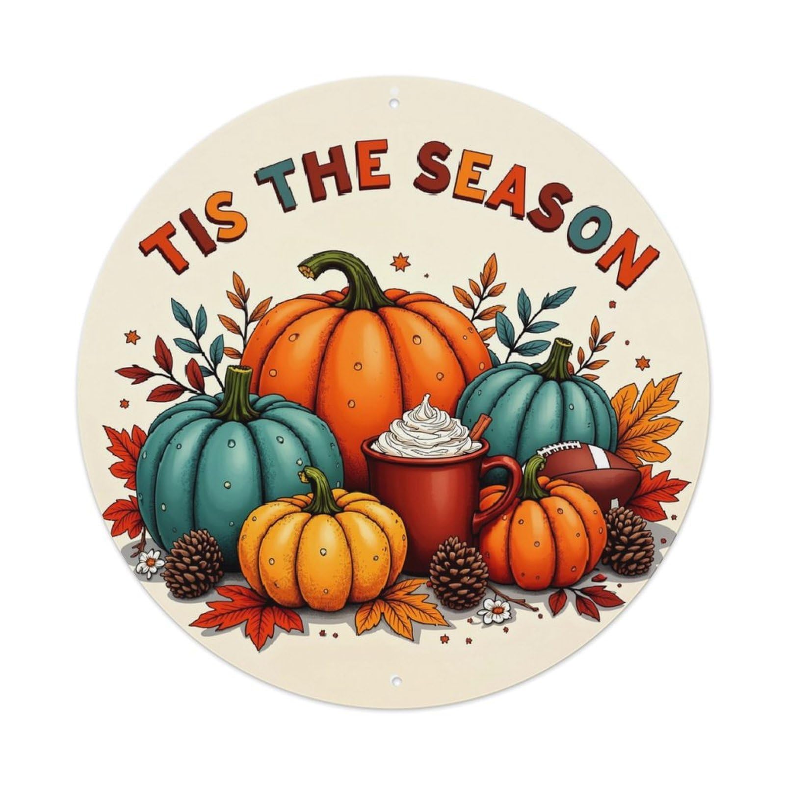 Pumpkin Autumn Leaves Coffee Cup Round Metal Tin Sign Vintage Wall Decor, Bar Garage Cafe Kitchen Home Wall Art Poster 8x8inches