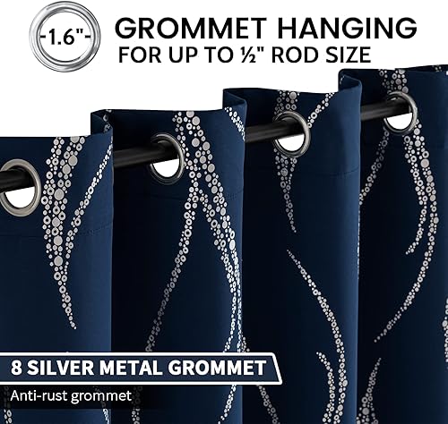 Miniatura 3 de Yakamok Cortinas opacas para sala de estar, cortinas de 84 pulgadas de largo, cortinas onduladas azul marino y plateado con patrón, cortinas de