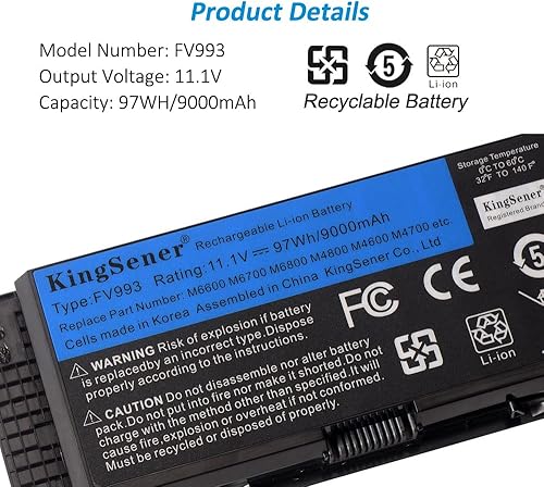 Miniatura 5 de KINGSENER FV993 M6600 - Batería para portátil Dell Precision M4600 M4700 M6600 M6700 Fit para PG6RC R7PND 0TN1K5 FV993 FJJ4W T3NT1 V7M28 97WH