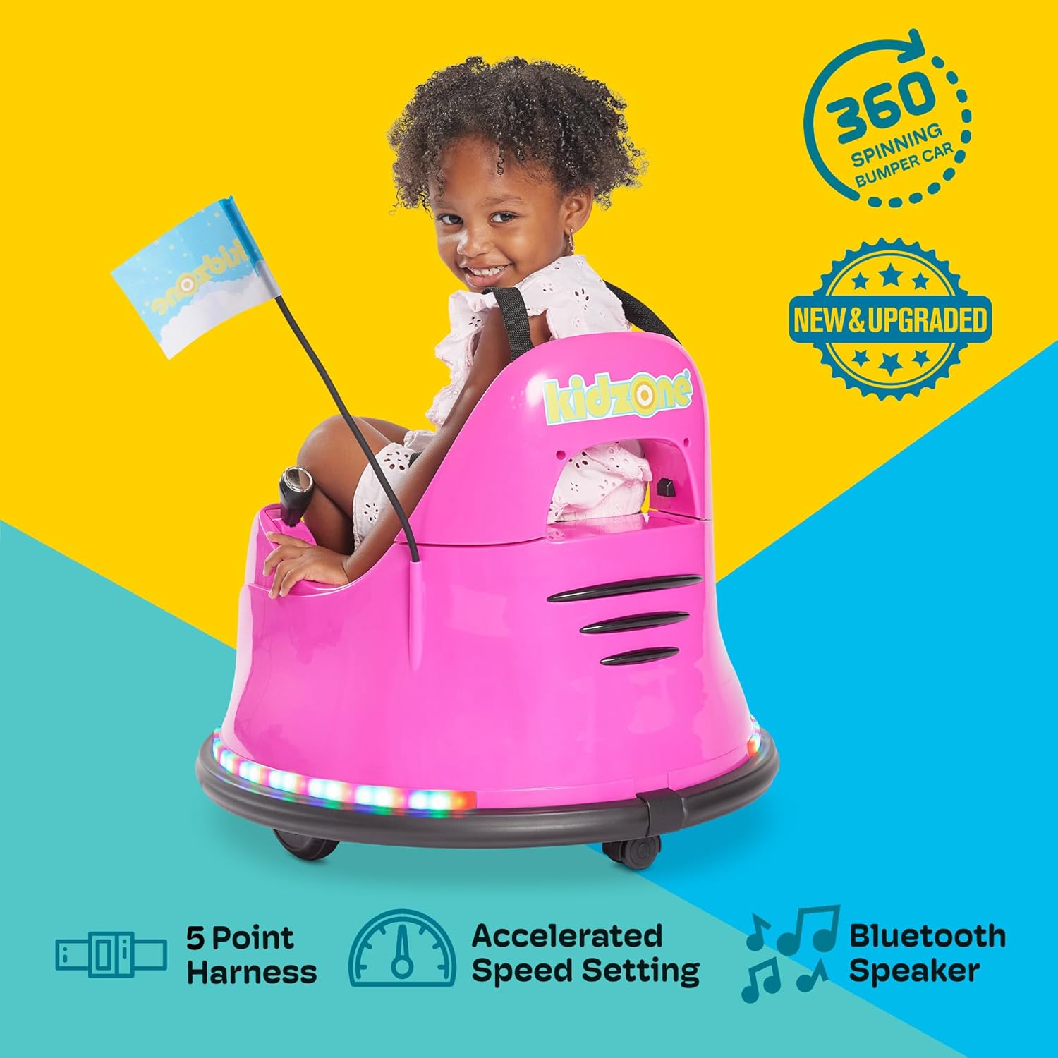 Child securely fastened in Kidzone Smart Bumper Car with 5-point harness.