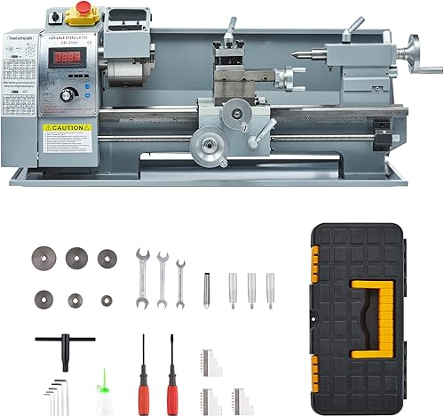 CO-Z Mini torno de metal de 7 x 14 pulgadas con engranajes de nailon, torno de metal de mesa de 550 W con accesorios para el hogar y la tienda DIY