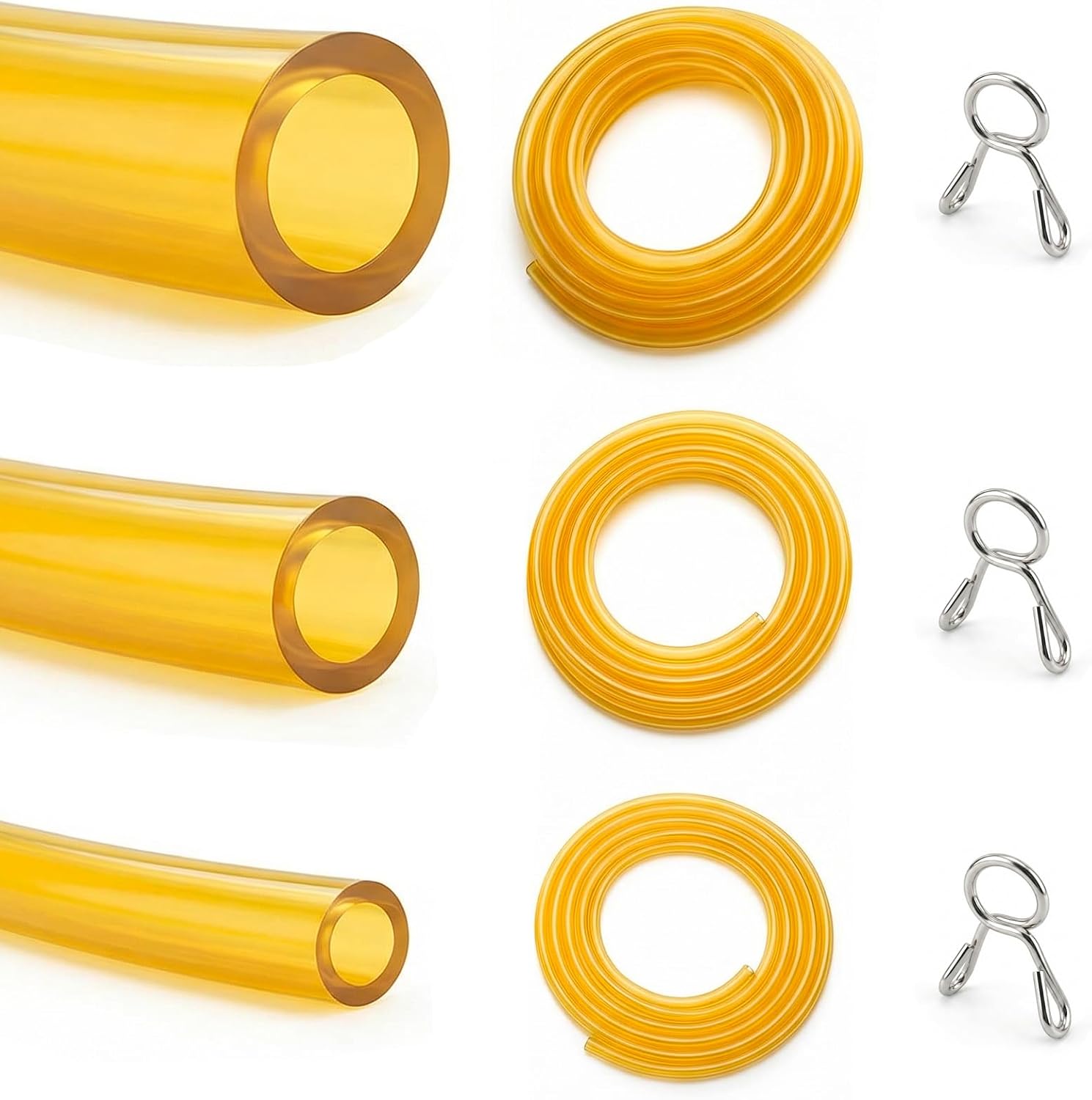 TPU Fuel Line Hose 3 Sizes Kit (3mm ID/6mm OD, 5mm ID/8mm OD, 6mm ID/9mm OD) Each 6.6FT, with 12 Stainless Steel Clamps, Gas Fuel Hose for Lawn Mower Chainsaw Trimmer Small Engine