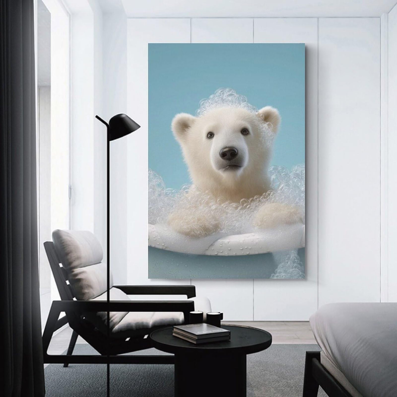 Junmoney Polar Bear Cub in Bubble Bath Hanging Wall Art, 20x30inch(50x75cm), for Living Room, Bedroom, Office Or Hallway, Decorative Artwork with Broad Appeal