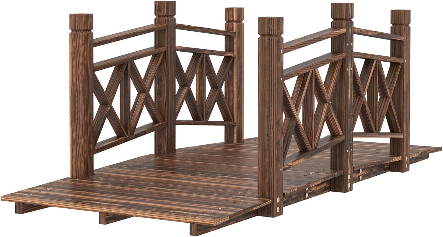 5ft Wooden Carbonized Bridge with Rustic Timber Construction, Weather-Resistant Natural Surface, Durable Garden Enhancement