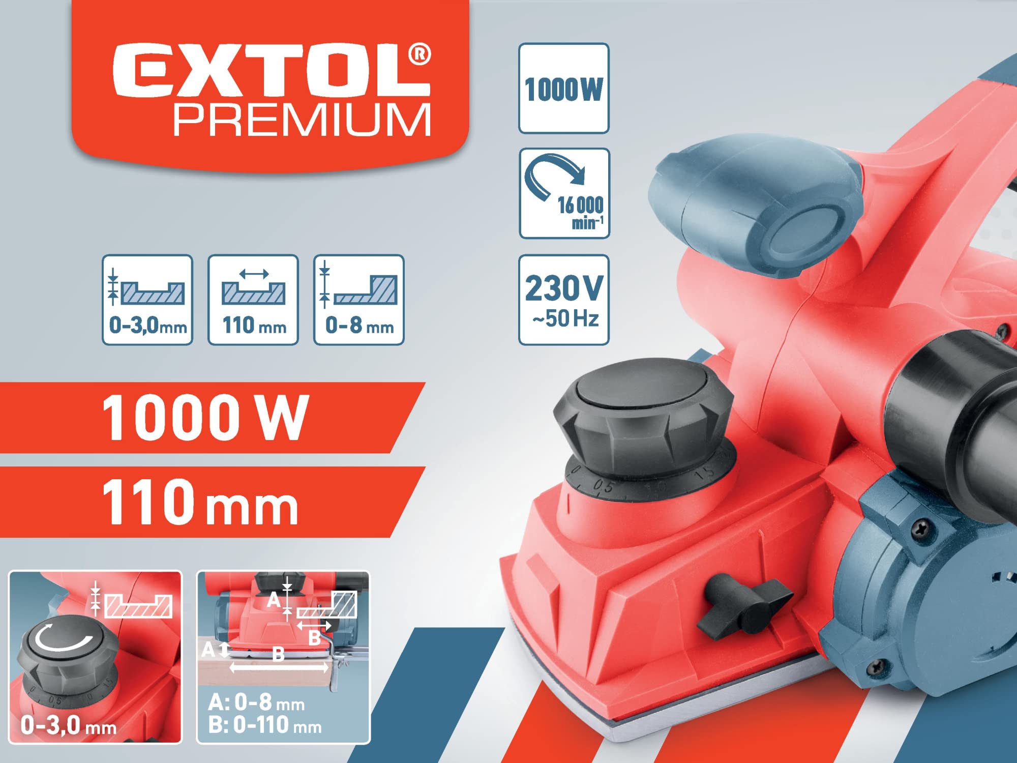 Pialla elettrica 110 mm di larghezza della pialla e profondità di serraggio fino a 3 mm I Pialla elettrica manuale - 1000 W I Pialla per legno con arresto parallelo e adattatore per tubo