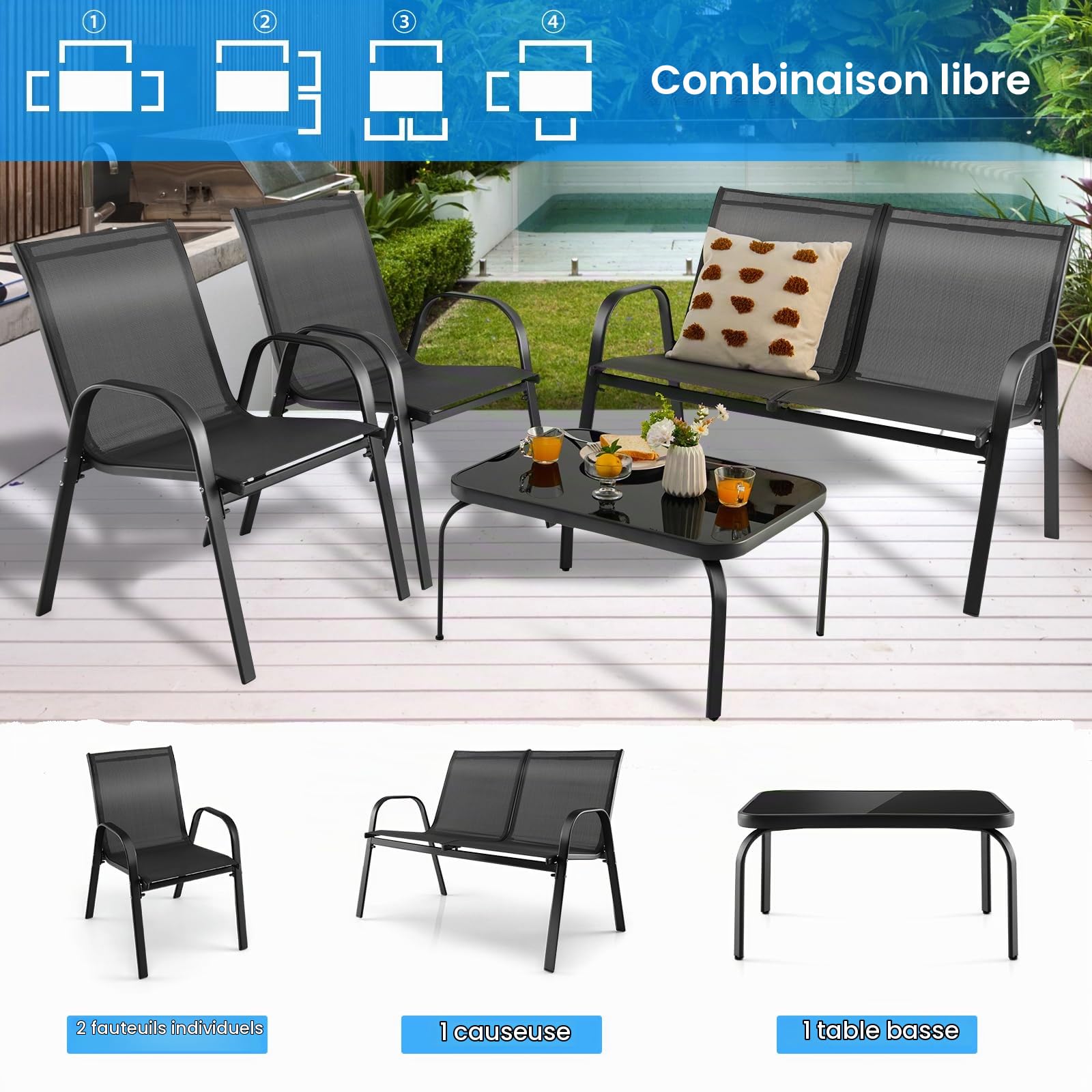 KOMFOTTEU Salon Jardin 4 Personnes, 2 Fauteuils, Canapé, Table Basse, Noir