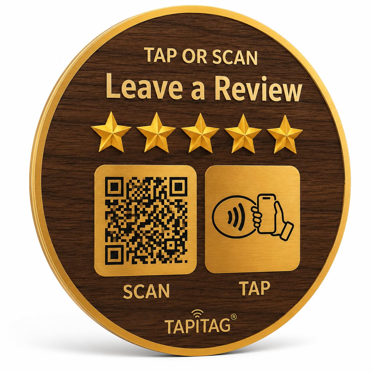 TAPiTAG Google Review Sign with NFC & QR Code - NO Subscription – Tap or Scan to Leave a Google Review, Contactless Review Sign, No App Needed, Works with iPhone & Android (Walnut, 70mm)