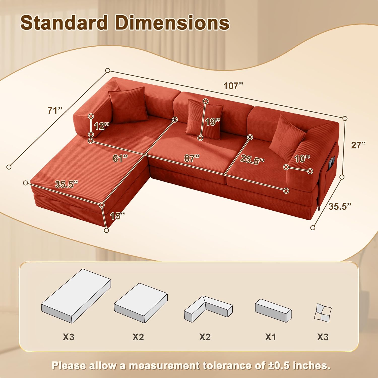 107" L-Shaped Modular Sofa Bed, Multi Convertible Boneless Floor Couch, Cozy Corduroy Sleeper Couch Sectional Futon Lounge for Living Room & Rest Area, with 3 Exquisite Throw Pillows | Orange | Sofa Bed, Boneless Couch, Modular Sofa, Convertible Couch, Sleeper Couch, Sectional Sofa