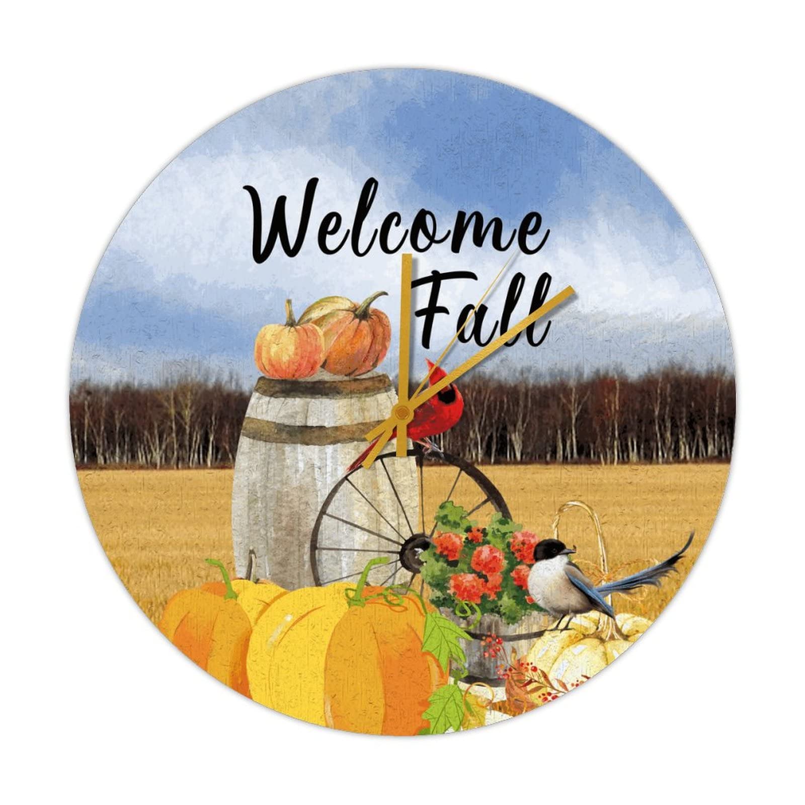 Horloge murale ronde sans tic-tac avec citrouilles et oiseau cardinal, décor d'automne