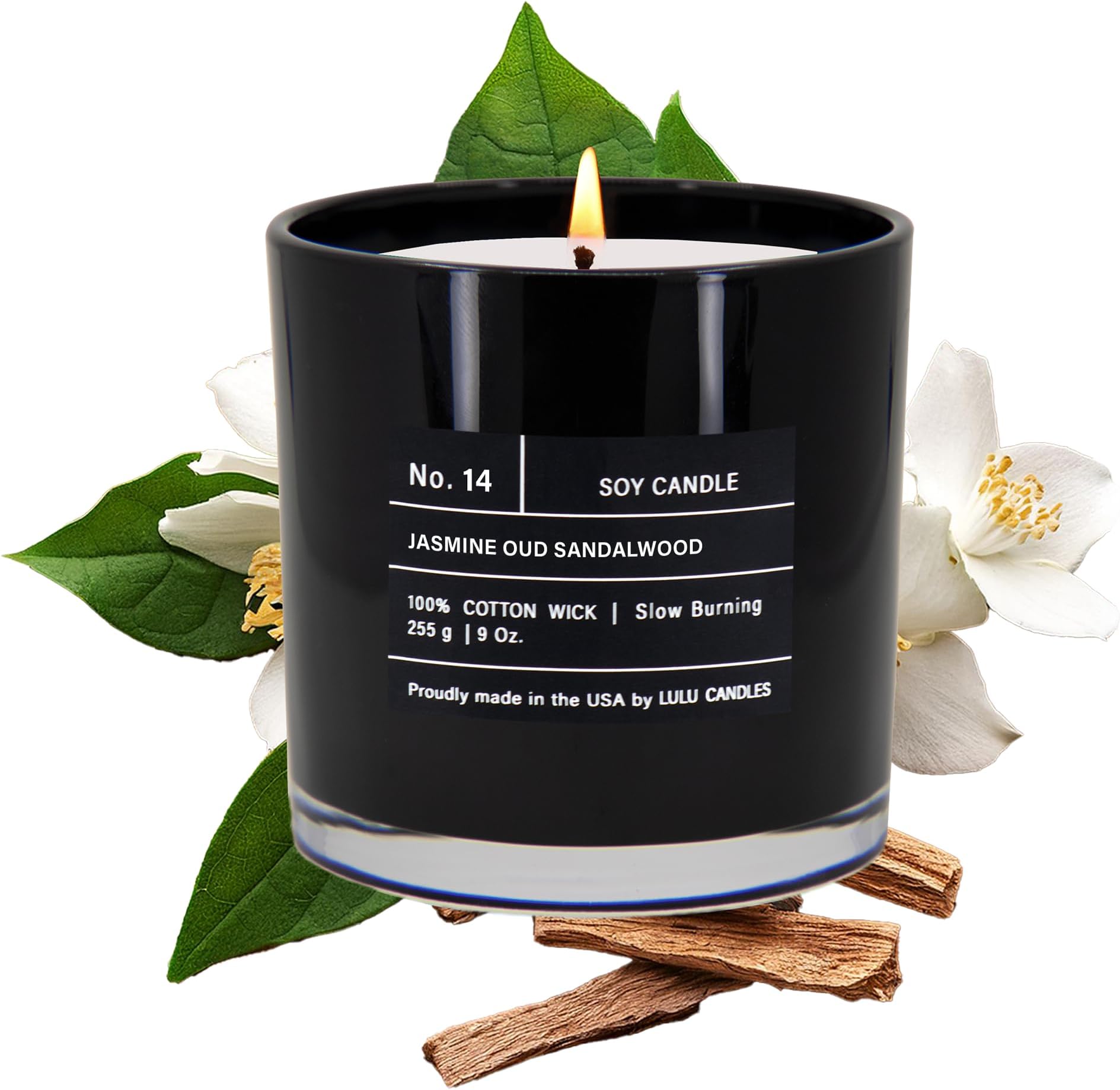 Jasmine, Oud & Sandalwood | Luxury Scented Soy Jar Candle | Hand Poured in The USA | Highly Scented & Long Lasting (9 Oz.)