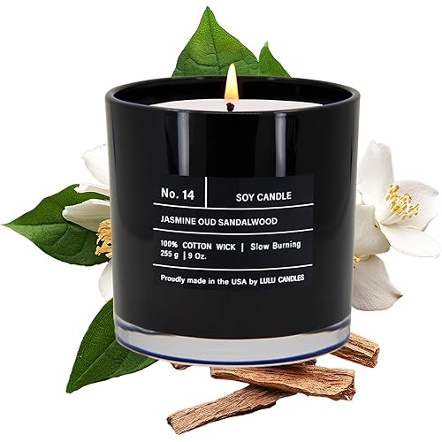 Lulu Candles | Jasmine, Oud & Sandalwood | Luxury Scented Soy Jar Candle | Hand Poured in The USA | Highly Scented & Long Lasting (9 Oz.)