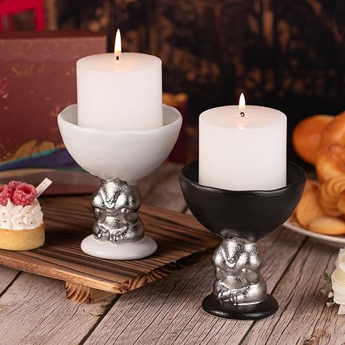 Miniatura 8 de Portavelas de cerámica con base de figura de conejo plateado, soporte de pedestal festoneado negro mate para velas de pilar, diseño inspirado en