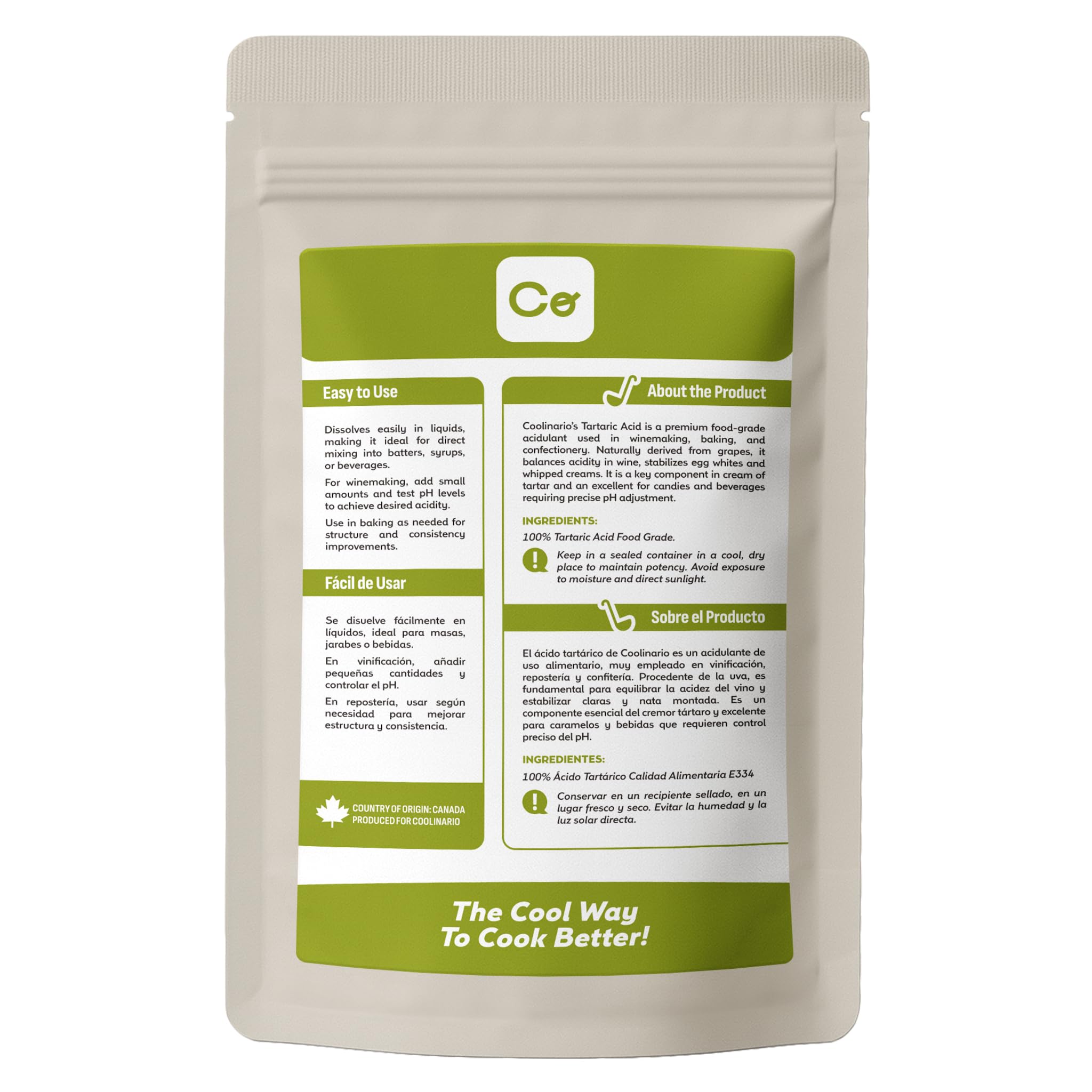 Coolinario Ácido Tartárico en Polvo (56 g) Acidulante Natural para Vinos, Repostería y Caramelos | Ajusta Acidez | Sustituto de Crema Tártara | Grado Alimenticio