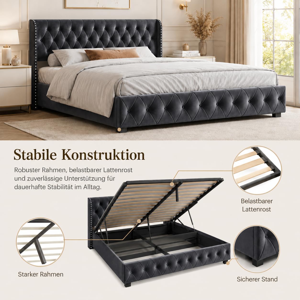 Polsterbett 140 x 200 cm, Hydraulisch Gepolstertes Doppelbett mit Stauraum, Doppelbett mit Lattenrost aus Samt, Moderner Komfort in Grau, ohne Matratze (140x200cm)