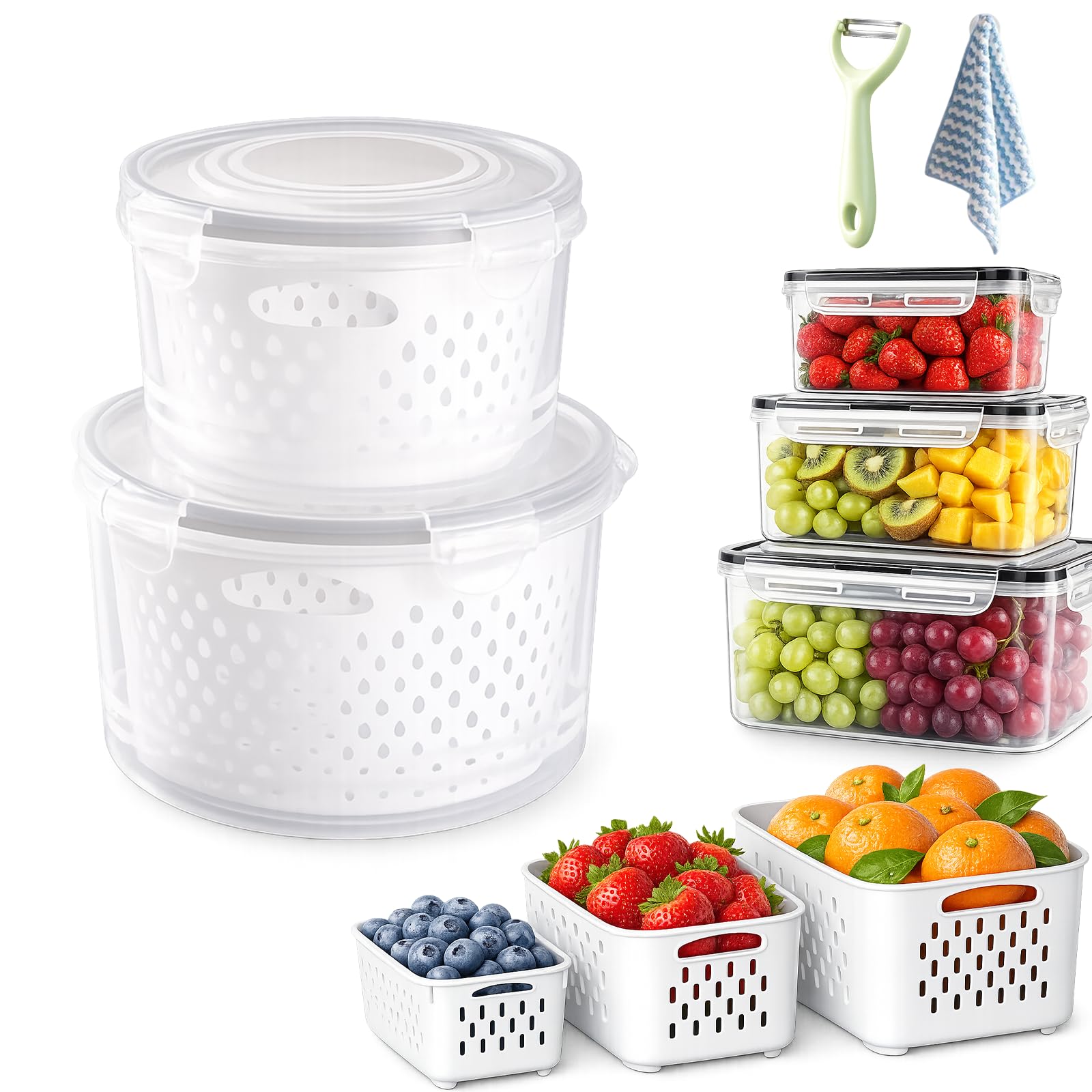 4-in-1 Produce Storage Containers, 3-Pack Set Fruit Storage Containers for Fridge with Removable Colander & Airtight Lids, Leak Proof Drain Basket for Fresh Vegetable Organization (Round,S+M)