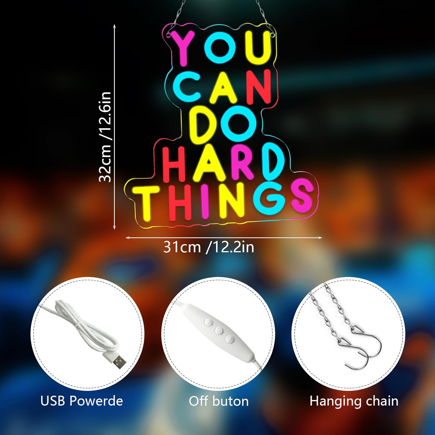 You Can Do Hard Things Neon Signs Dimmable LED Inspire Neon Lights Wall Decor for Kids Room Classroom Bedroom Living Room Study Gift Art for Kids Friends -12.56 x 12.2 IN-USB Powered-Acrylic