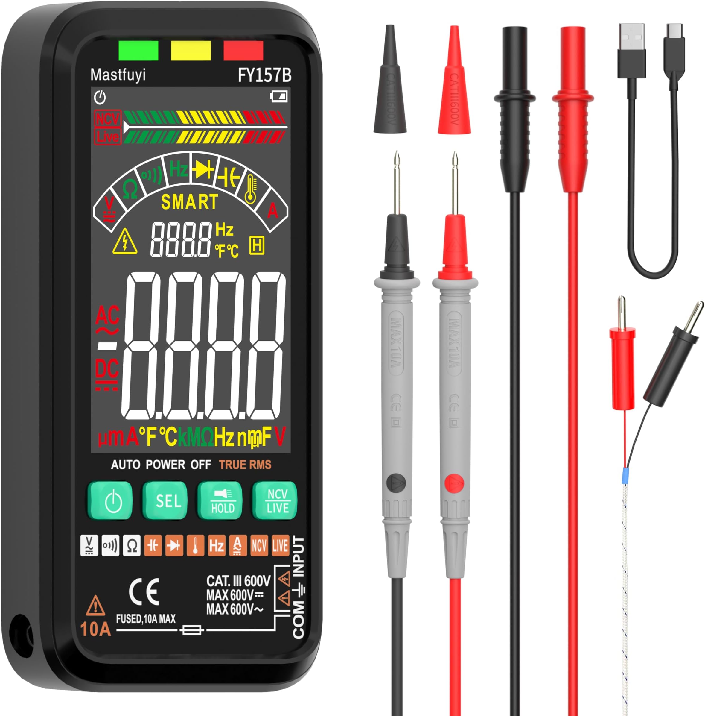 Multimeter Rechargeable Electrical Tester with Auto Ranging Digital Voltmeter,TRMS 6000 Counts,Measures Voltage Current Resistance Continuity Capacitance Temperature Frequency