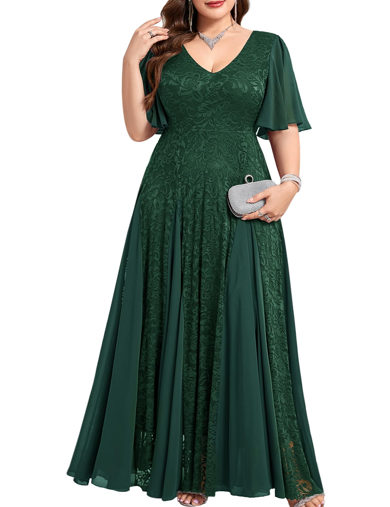 TIARALY Plus Size Formal Lace Dress Maxi V Neck A-line Chiffon Wedding Guest Prom Evening Gown Gala Elegant Black Tie
