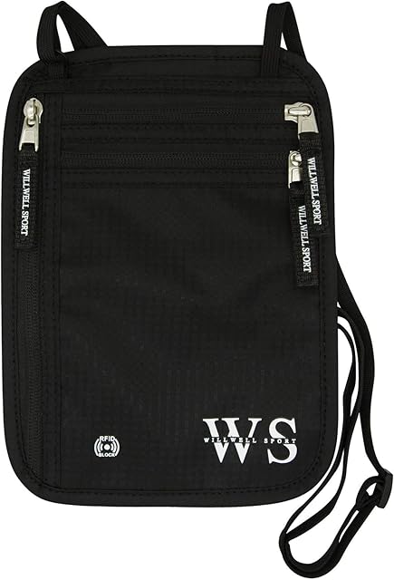 WILLWELL SPORT Neck Wallet  RFID Blocking Waterproof Travel Pouch  Hidden Anti-theft Festival Passport Holder  Flat Neck Pouch -Black