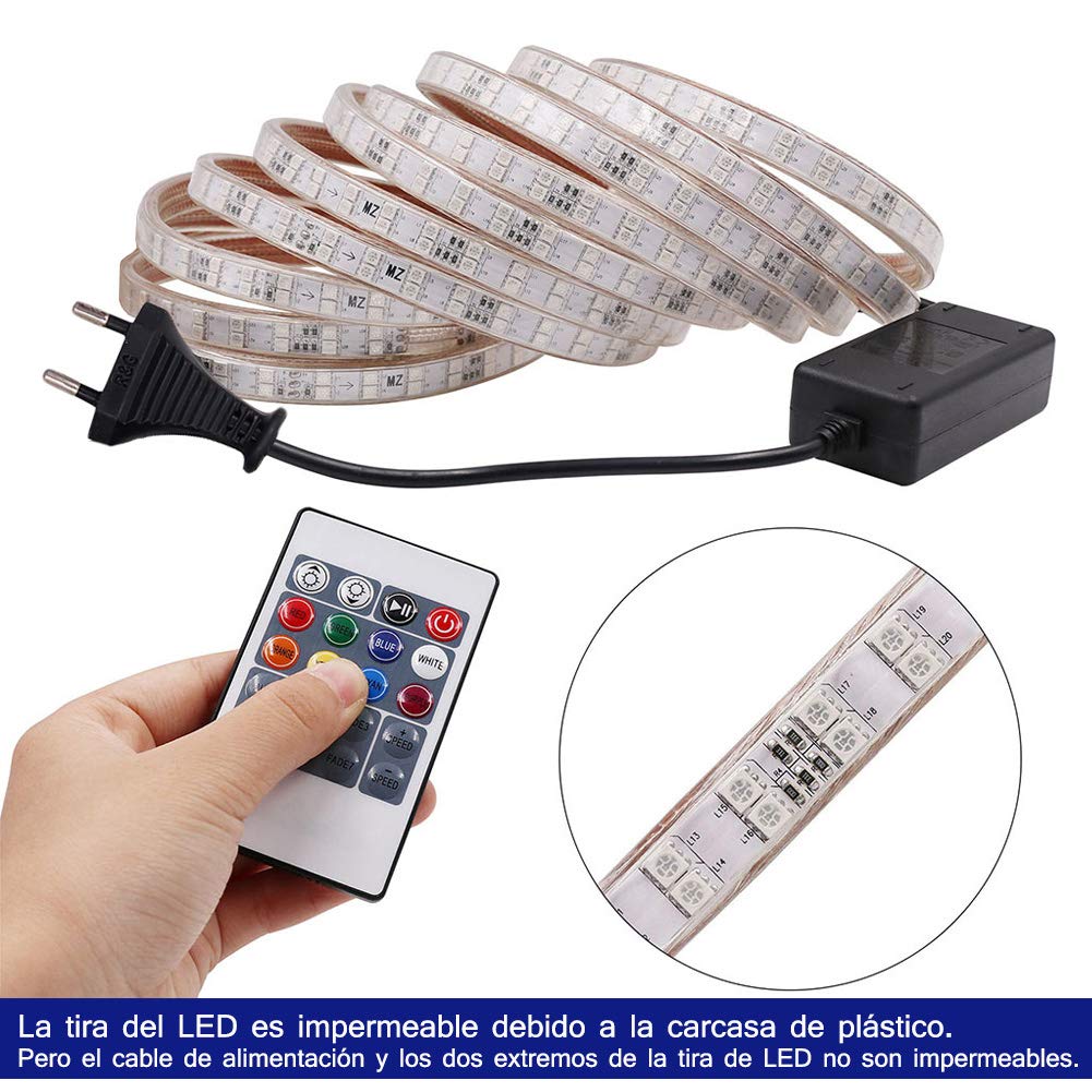 XUNATA IP67 Kit de tiras de LED RGB a prueba de agua, controlador remoto de 20 teclas, SMD 5050 120LEDs / m Cuerda de luz, CA 220V 240V Iluminación interior para interiores con alimentación (7m)