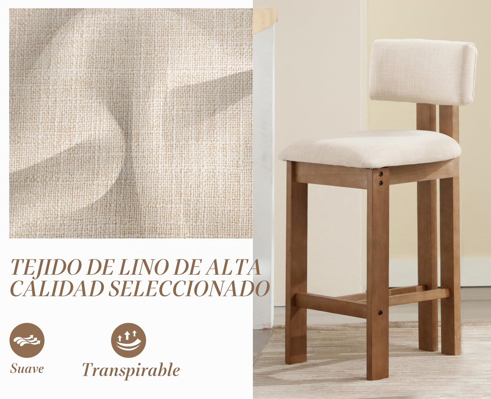 chairus Juego de 2 Taburetes de Bar de Madera con Asiento de Lino, Beige | Patas de Madera, Respaldo Curvo, Cojín Grueso, Sin Brazos Para Isla de Cocina