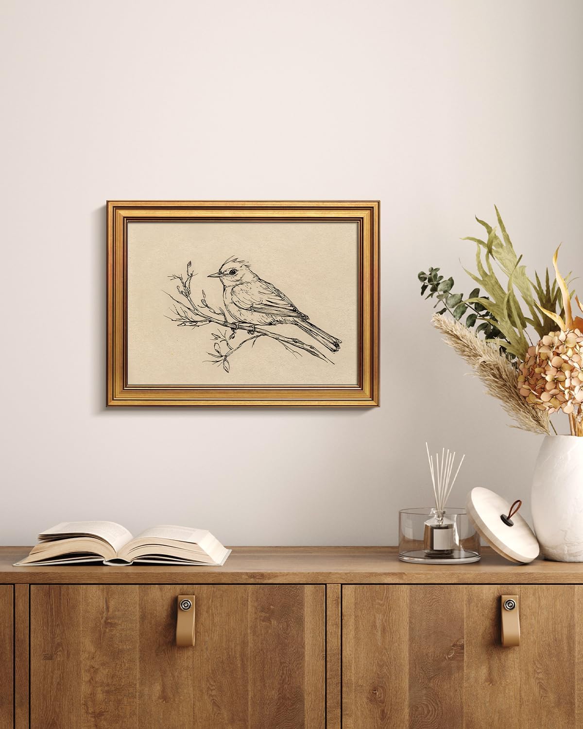 WHASAYART Gold Framed Vintage Wall Art for Living Room, Animals Painting Prints Shelf Decor for Kitchen, Aesthetic Bedroom Wall Art, Best Gifts for Friends or Family - Magpie 16L x 12W