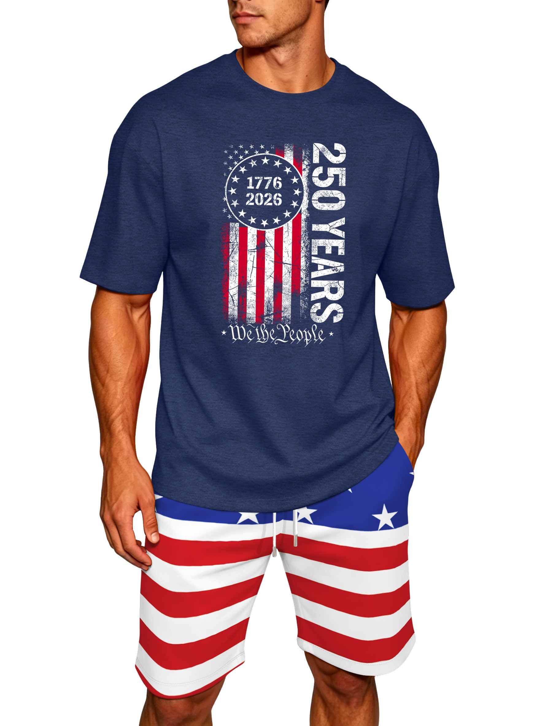 Ithalt Patriotic Shirts for Men 4th of July Outfit 2 Piece Set Short Sleeve and Shorts American Flag 250th Anniversary