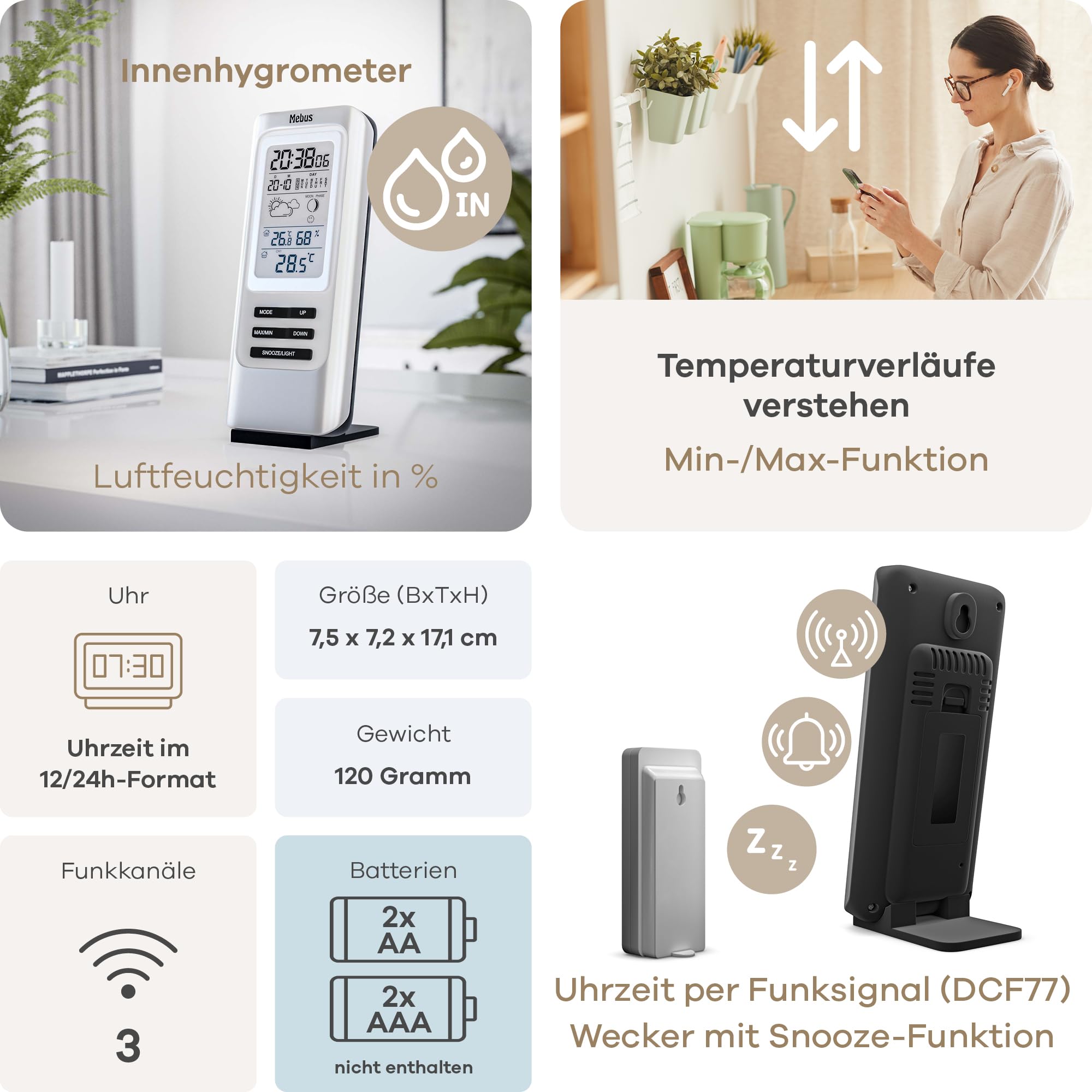 MEBUS funkgesteuerte Wetterstation mit Außensensor, Thermometer, Hygrometer, Funkuhr, Wohlfühlindikator bewertet Raumklima, Wettervorhersage, Mondkalender, Wecker, Farbe: Silber, Modell: 40627