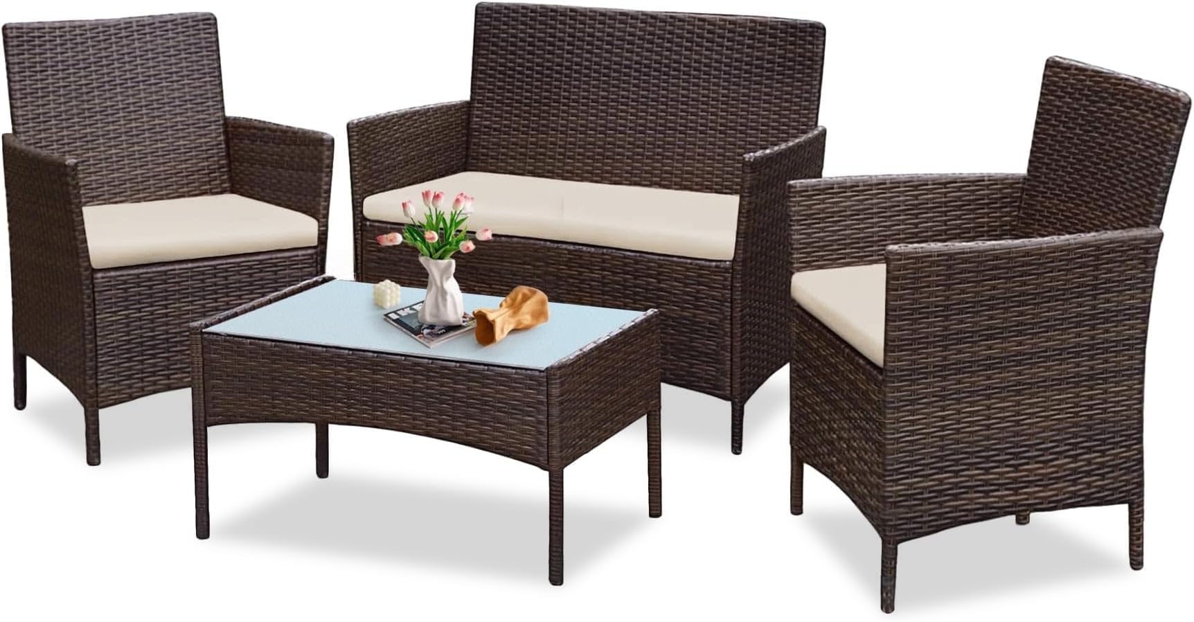 PROHIKER 4 Piece Outdoor Wicker Patio Conversation Furniture Set, Rattan Chair Wicker Sofa Garden Conversation Sets with Cushion and Glass Table for Yard Pool or Backyard, Brown/Beige